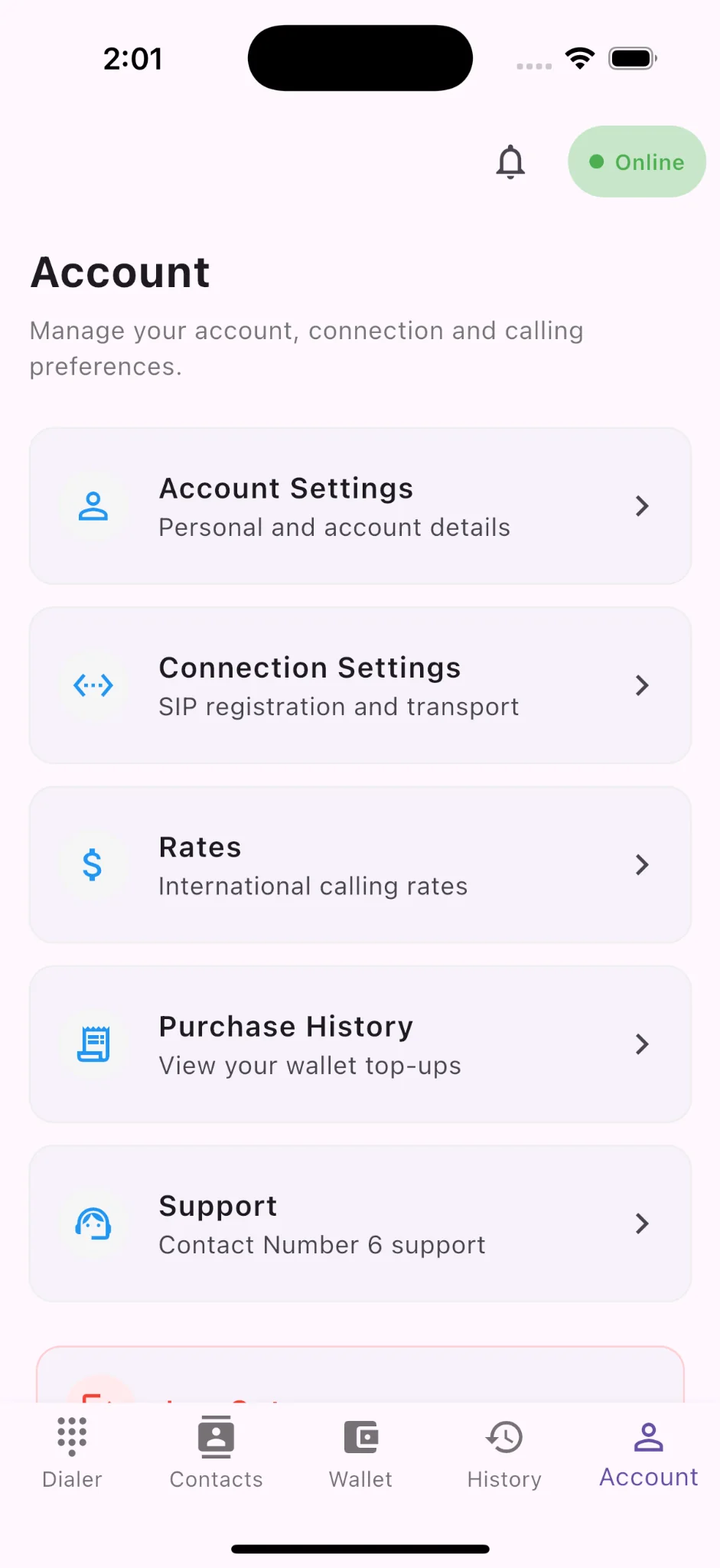 Number 6 Softphone account screen