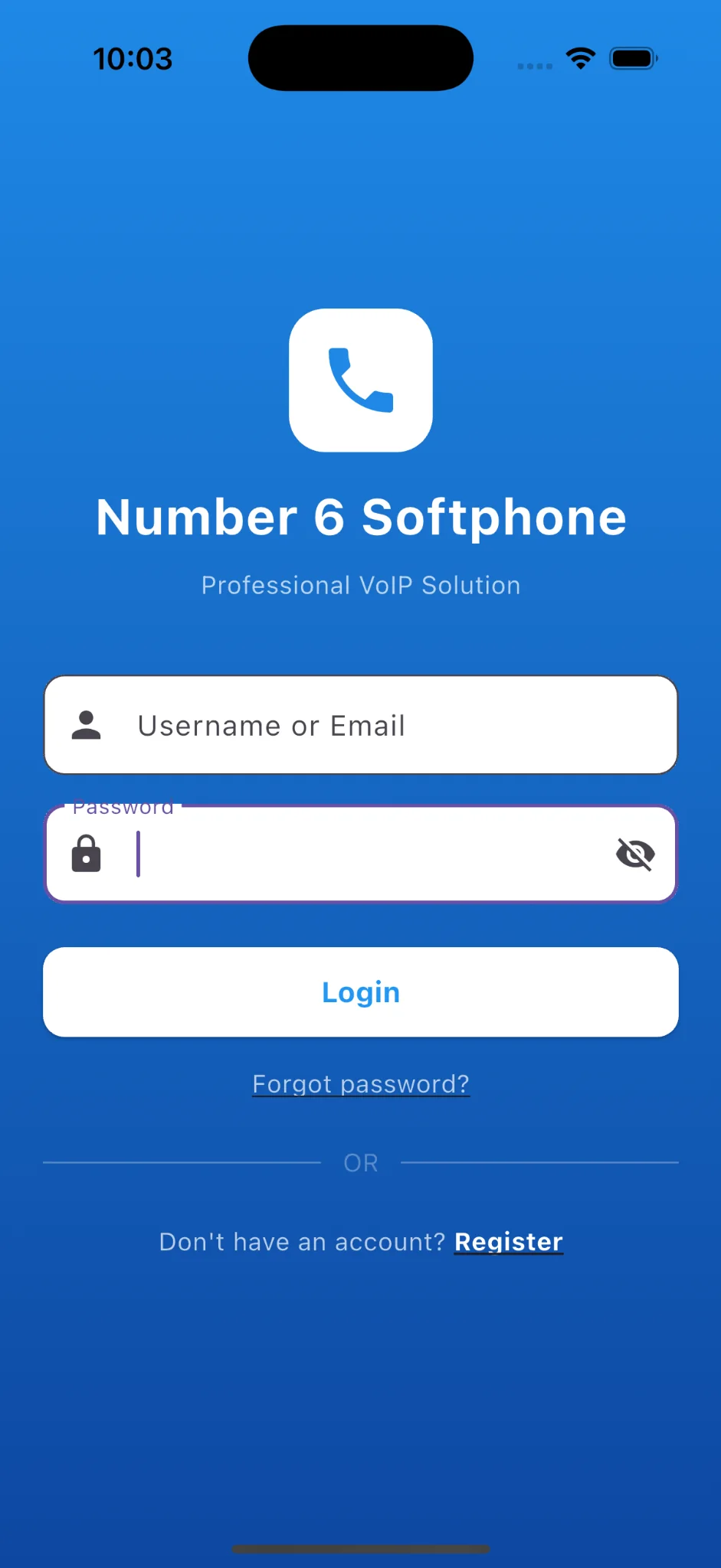 Number 6 Softphone login screen