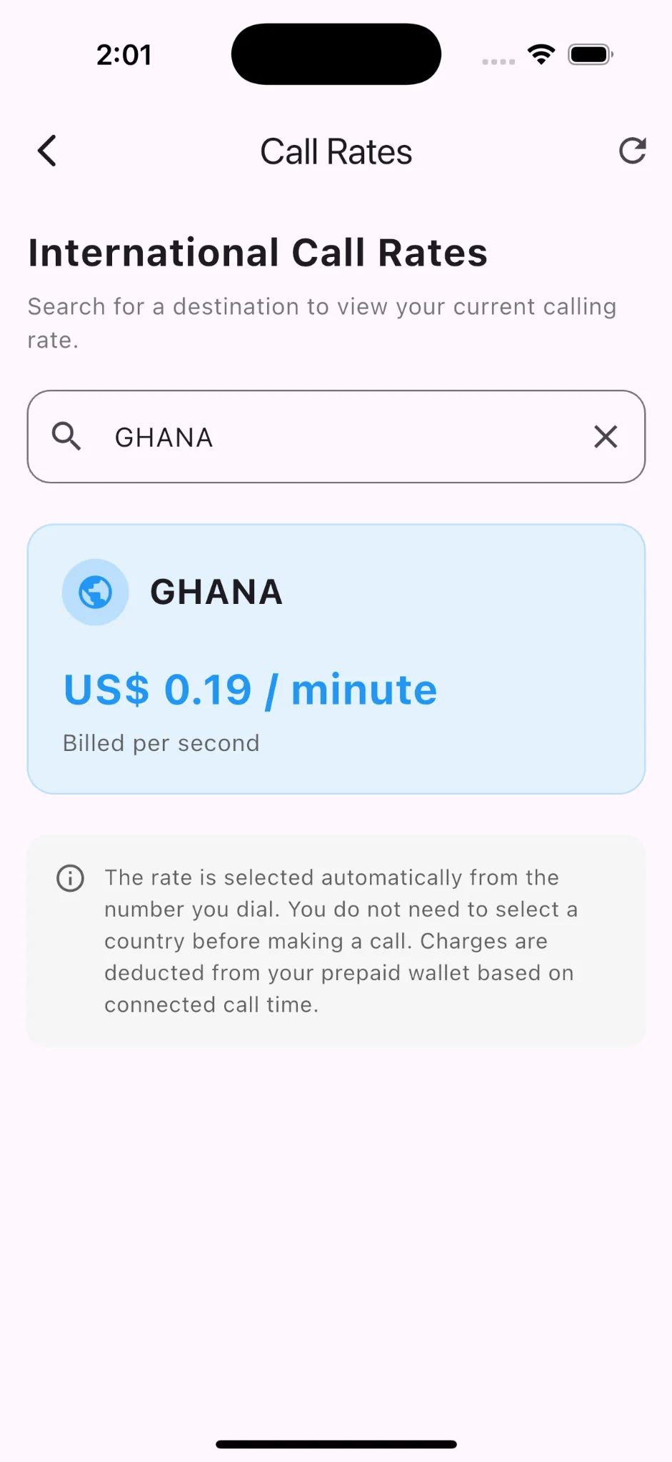 Number 6 Softphone call rates screen